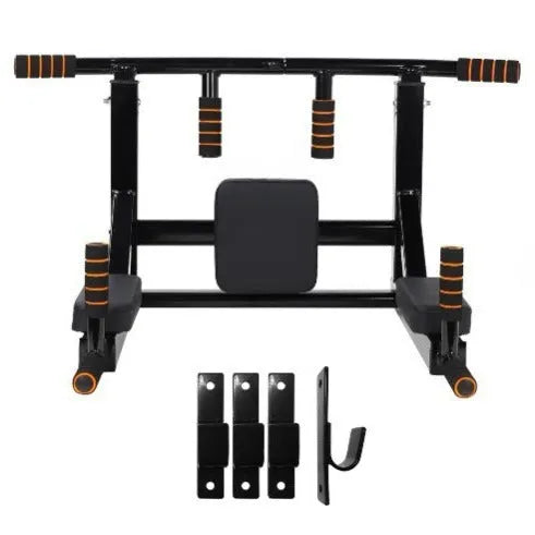 Black wall-mounted steel fitness rack with sandbag holder and single parallel bars for pull-ups