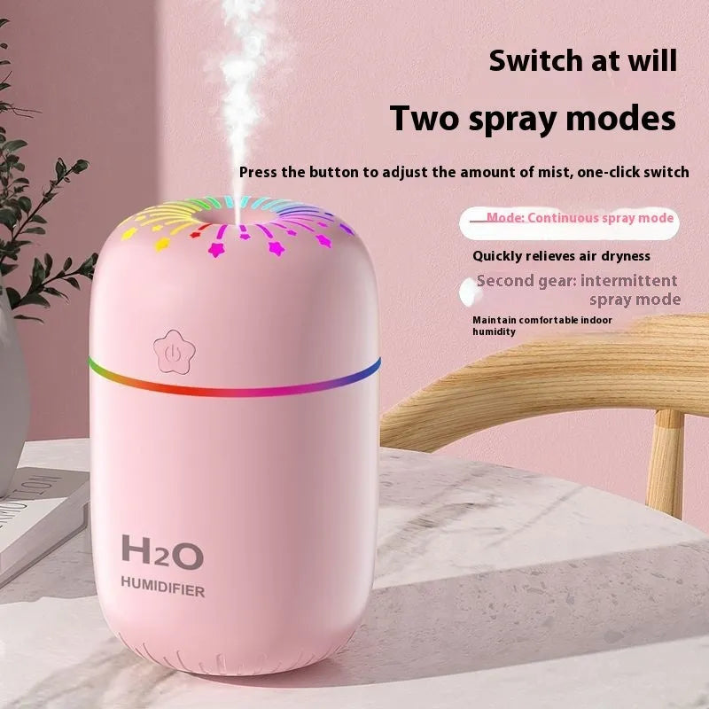 White USB mini humidifier with 300ml water tank on a desk next to a laptop