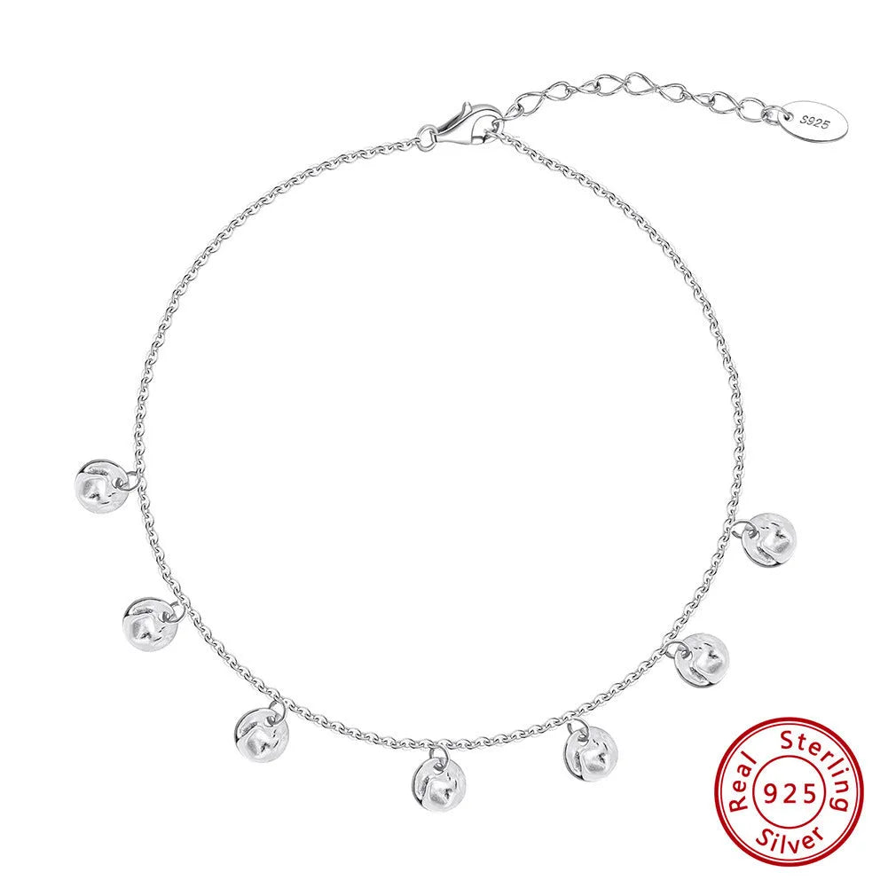 S925 silver round anklet in Han style, 14K gold finish, on model ankle