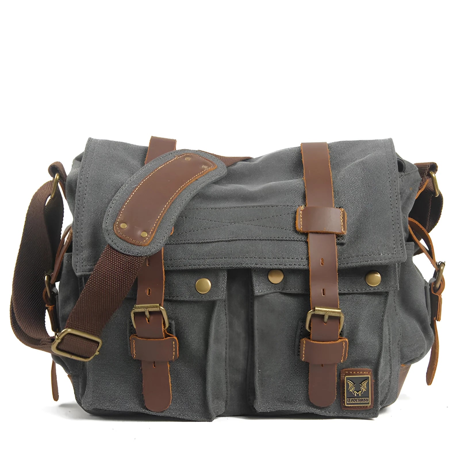 Men's canvas crossbody shoulder bag with cowhide accents in Army Green featuring a flap closure and single strap