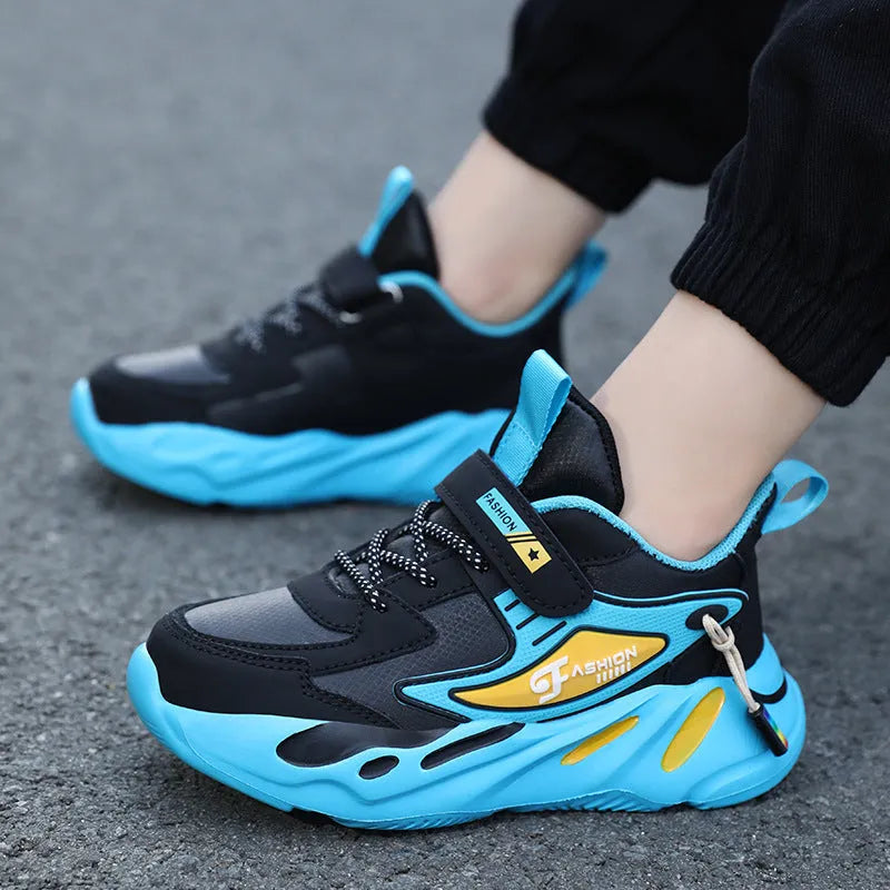 Boys' dark blue and beige PU mesh sports running shoes with Velcro strap and platform sole.