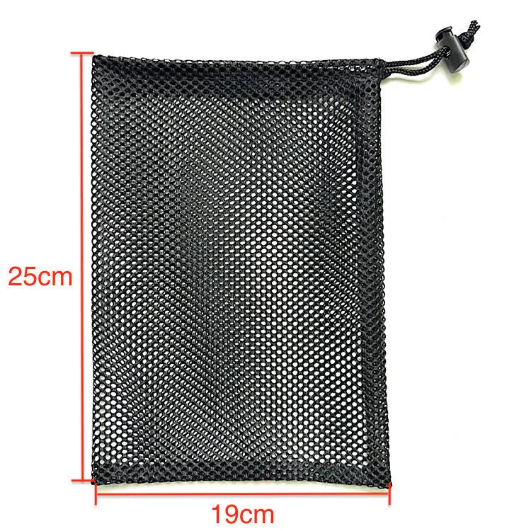 Black drawstring mesh storage bag for children's water balloons and outdoor toys.