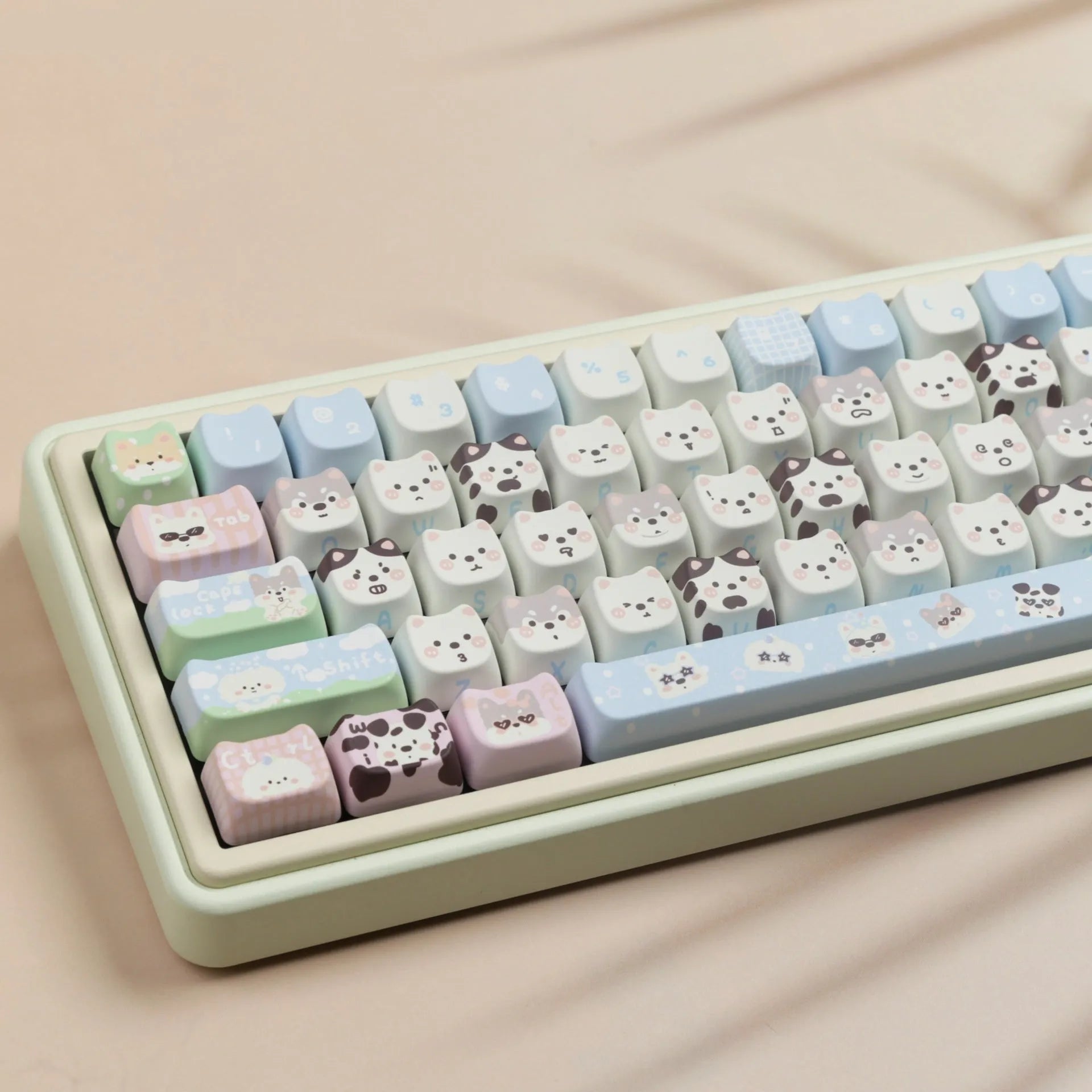Cute puppy themed 26-key PBT plastic key cap set for mechanical keyboards with sublimated artwork