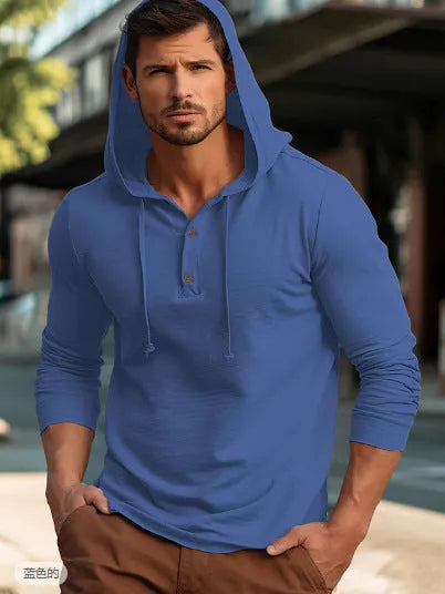 Men's dark blue cotton sports hoodie pullover with long sleeves on a hanger