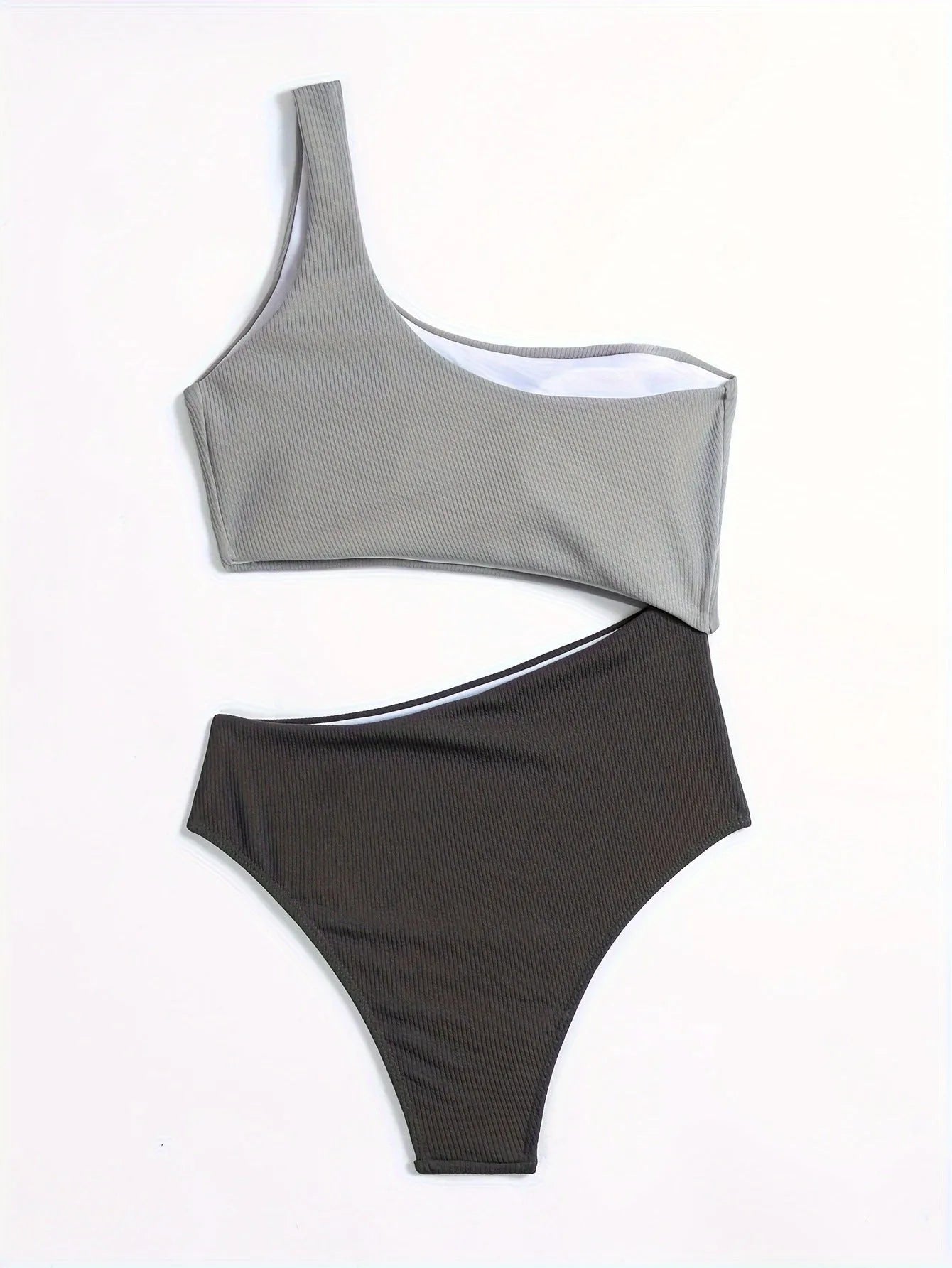 Women's one-shoulder one piece swimsuit in solid colour light gray for swimming and wading