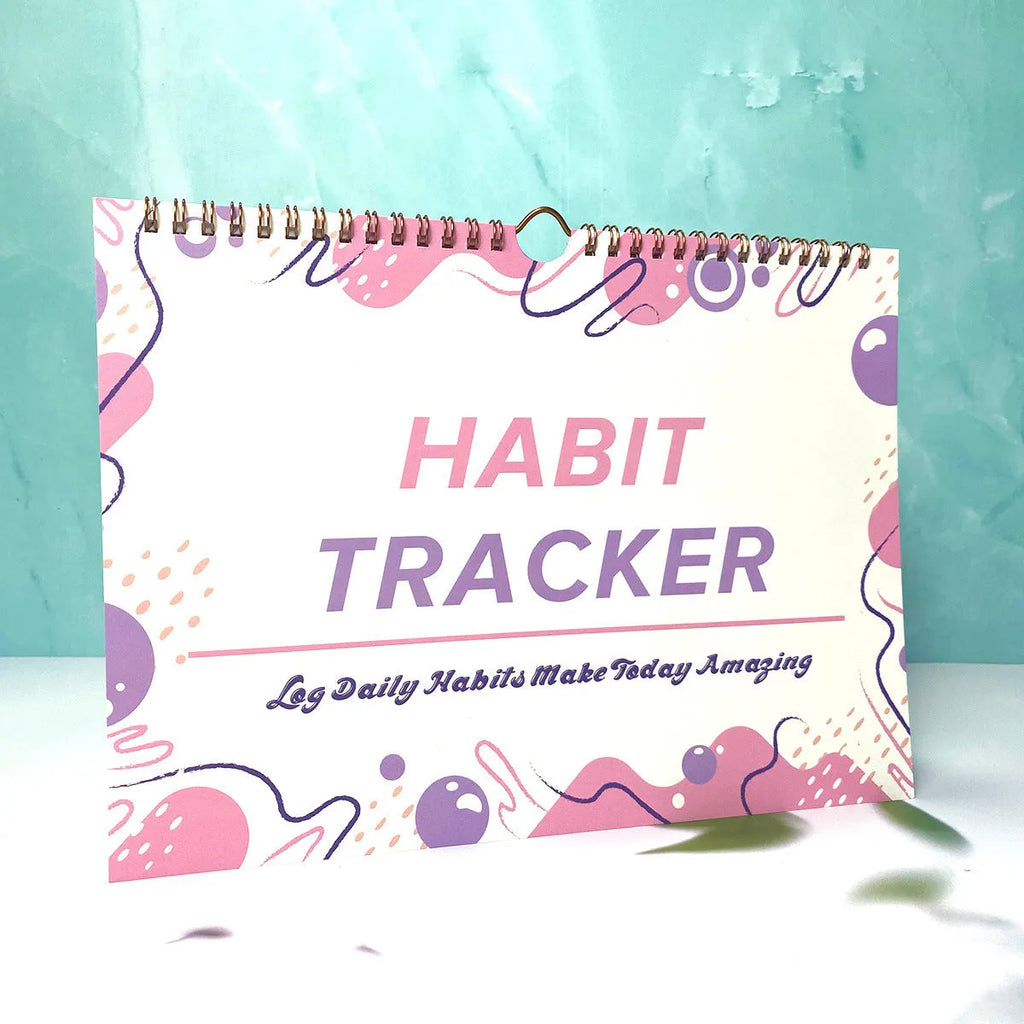 English habit tracking journal with 12 pages in 21cm by 28cm size, showing four colour options