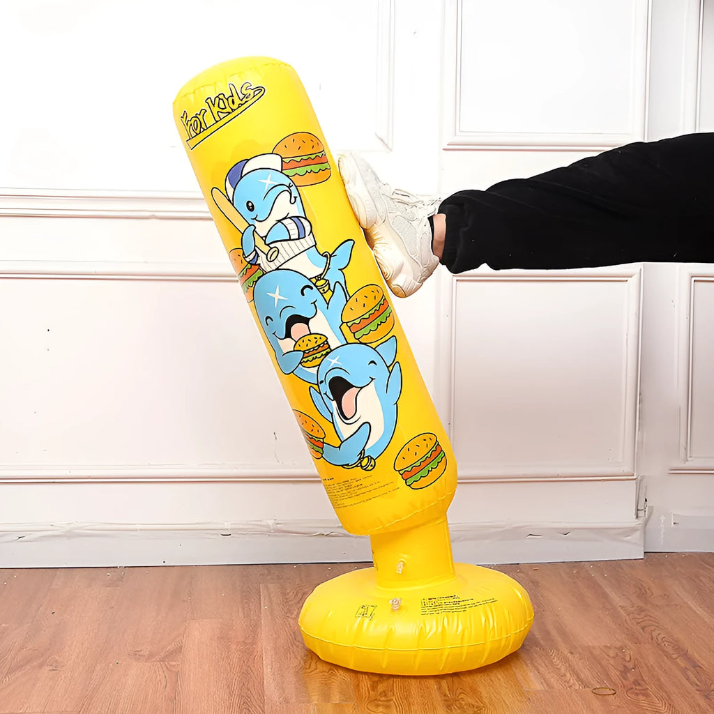 Inflatable boxing column in yellow hamburger colour standing on floor