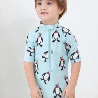 Boys' long sleeve swimming costume two-piece set with swim cap in penguin pattern