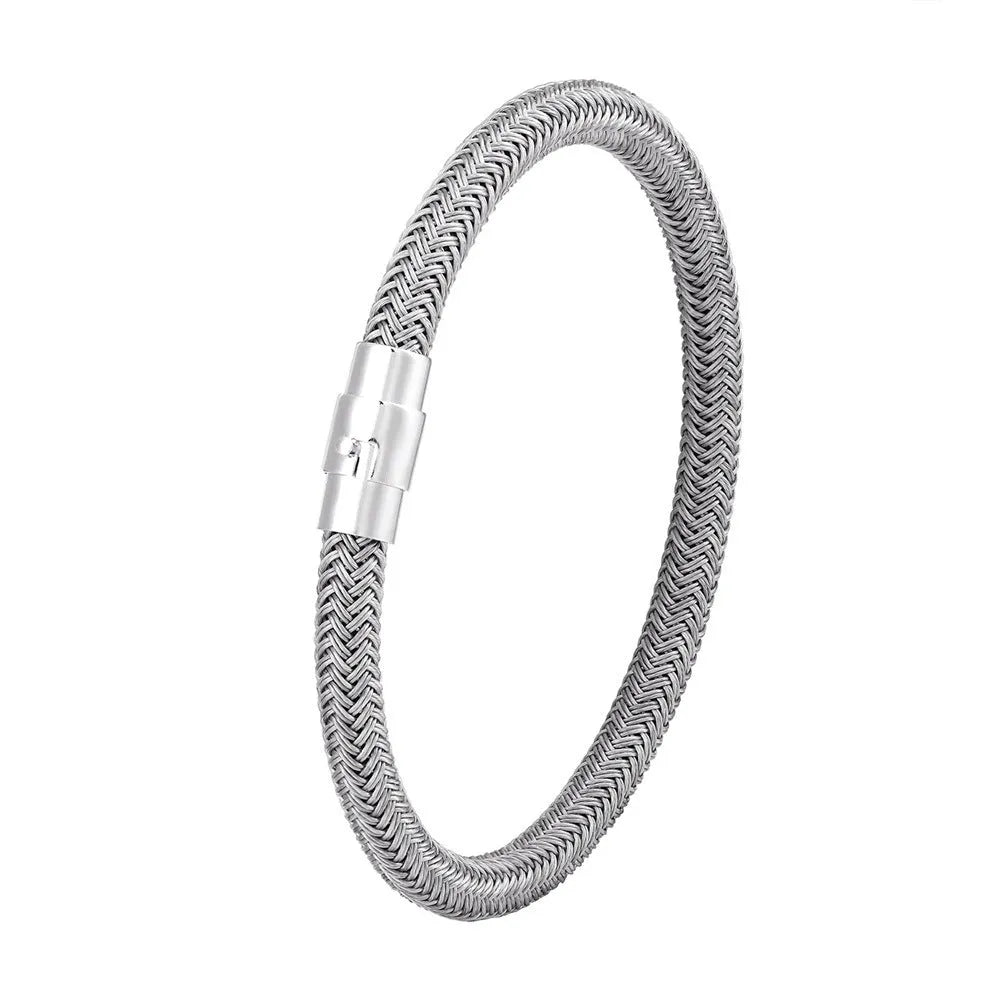 Geometric titanium steel bracelet with magnetic clasp shown in silver tone.