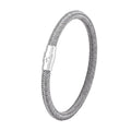 Geometric titanium steel bracelet with magnetic clasp shown in silver tone.
