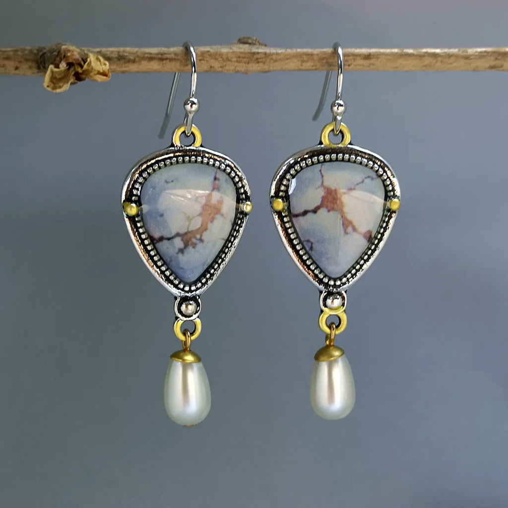 Retro blue drop earrings with geometric Bohemian design featuring synthetic opal and pearl accents