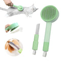 Green and yellow 2-in-1 pet grooming brush with stainless steel teeth and a hanging loop
