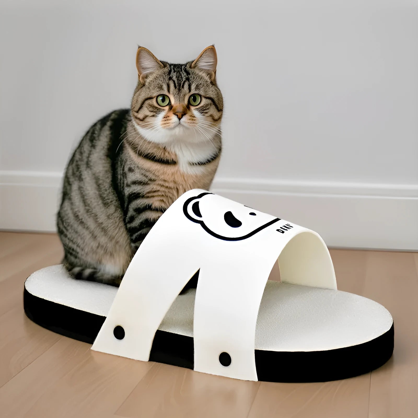 White corrugated cardboard cat scratch board shaped like a slipper on a plain background.