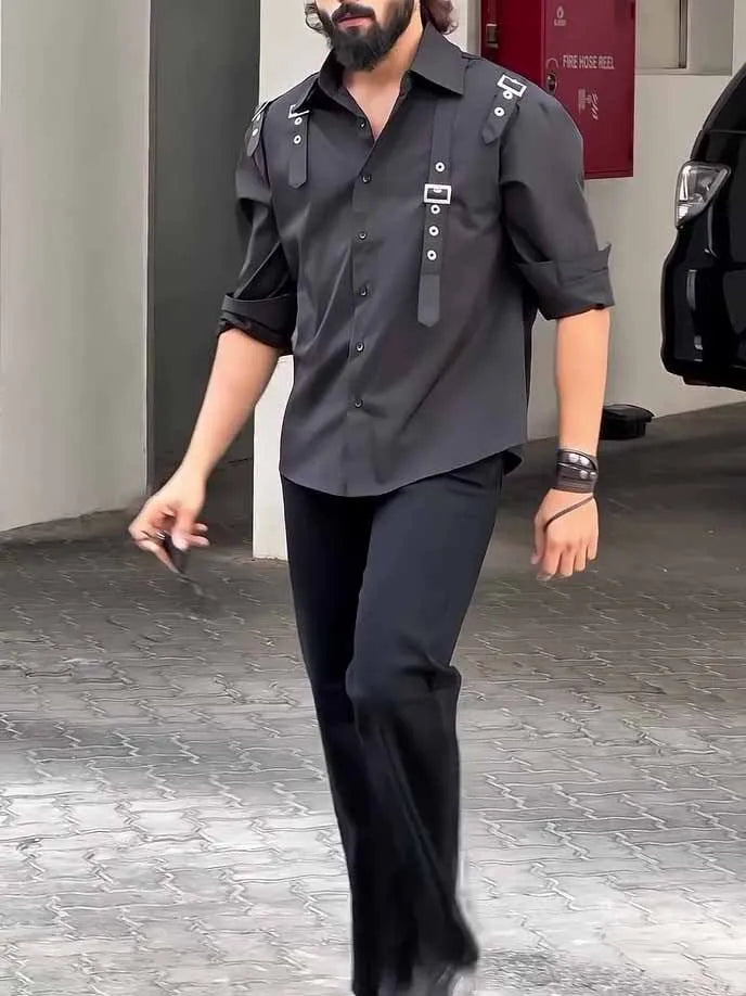 Men's black button-up utility shirt with a regular fit, shown flat