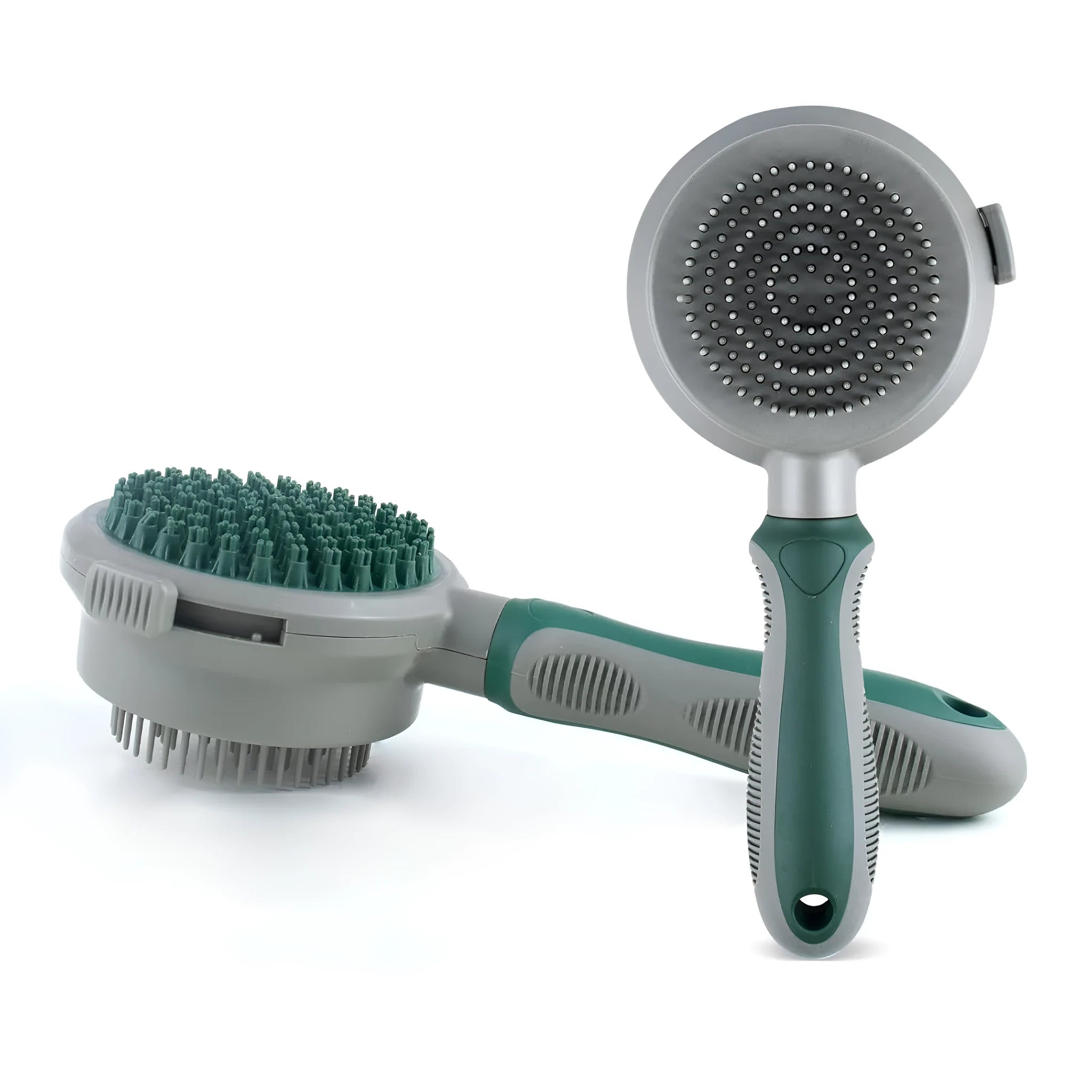 Green dual-sided pet grooming brush showing retractable slicker brush on one side and silicone massage head on other side