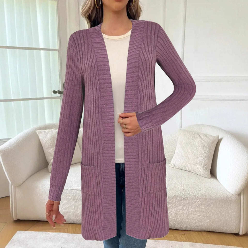 Loose fit knitted cardigan jacket in black colour with long sleeves and open front design