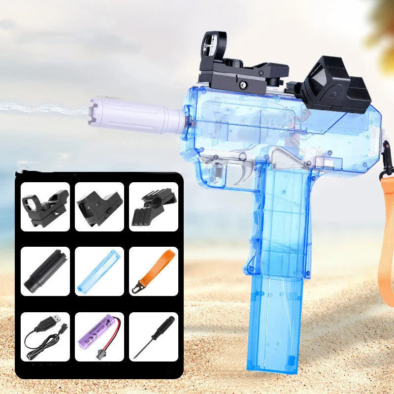 Uzi electric burst water gun in blue with transparent shell, 35ft range, rechargeable battery