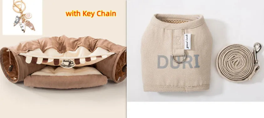 Collapsible cloth cat tunnel shown in one of four colours: Bar, Coffee, Matcha, or Pink.