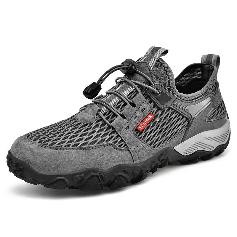 Men's summer leather mesh breathable outdoor hiking shoes, low top, black colour, side view showing elastic band and round toe
