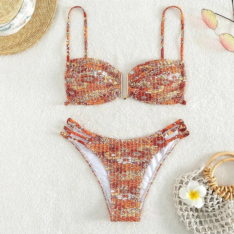 Women's high-waist floral bikini swimsuit in blue, orange, pink, or rose red.