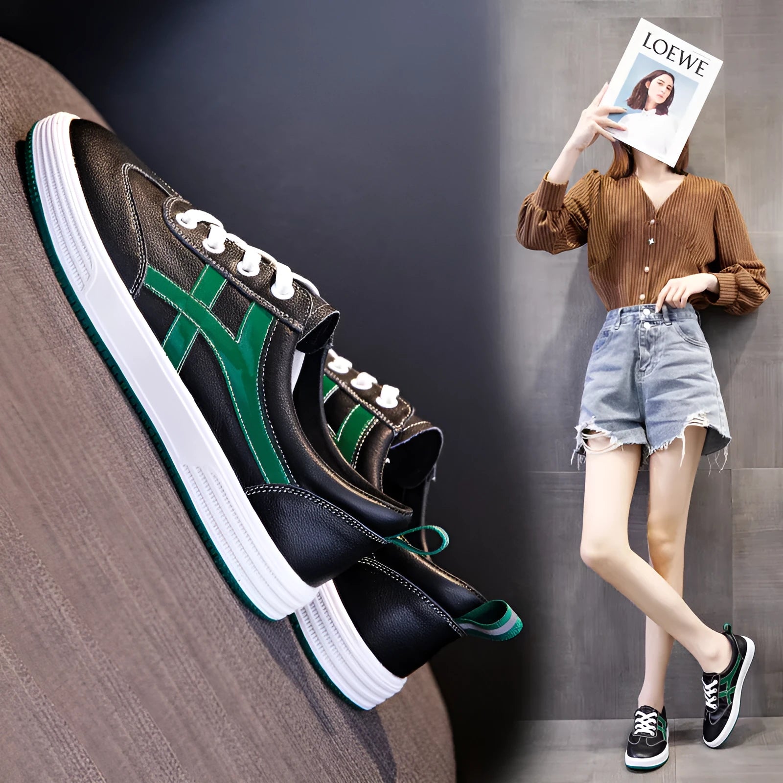 All-matching sneakers, casual low-top flat shoes with sequins, black or white leather upper, elastic band, rubber sole