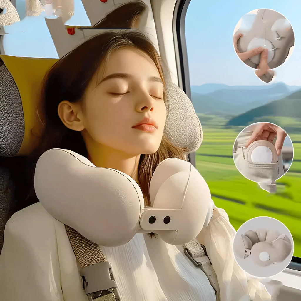 Portable inflatable cloud bubble U-shaped travel neck pillow deflated on a surface showing cartoon design