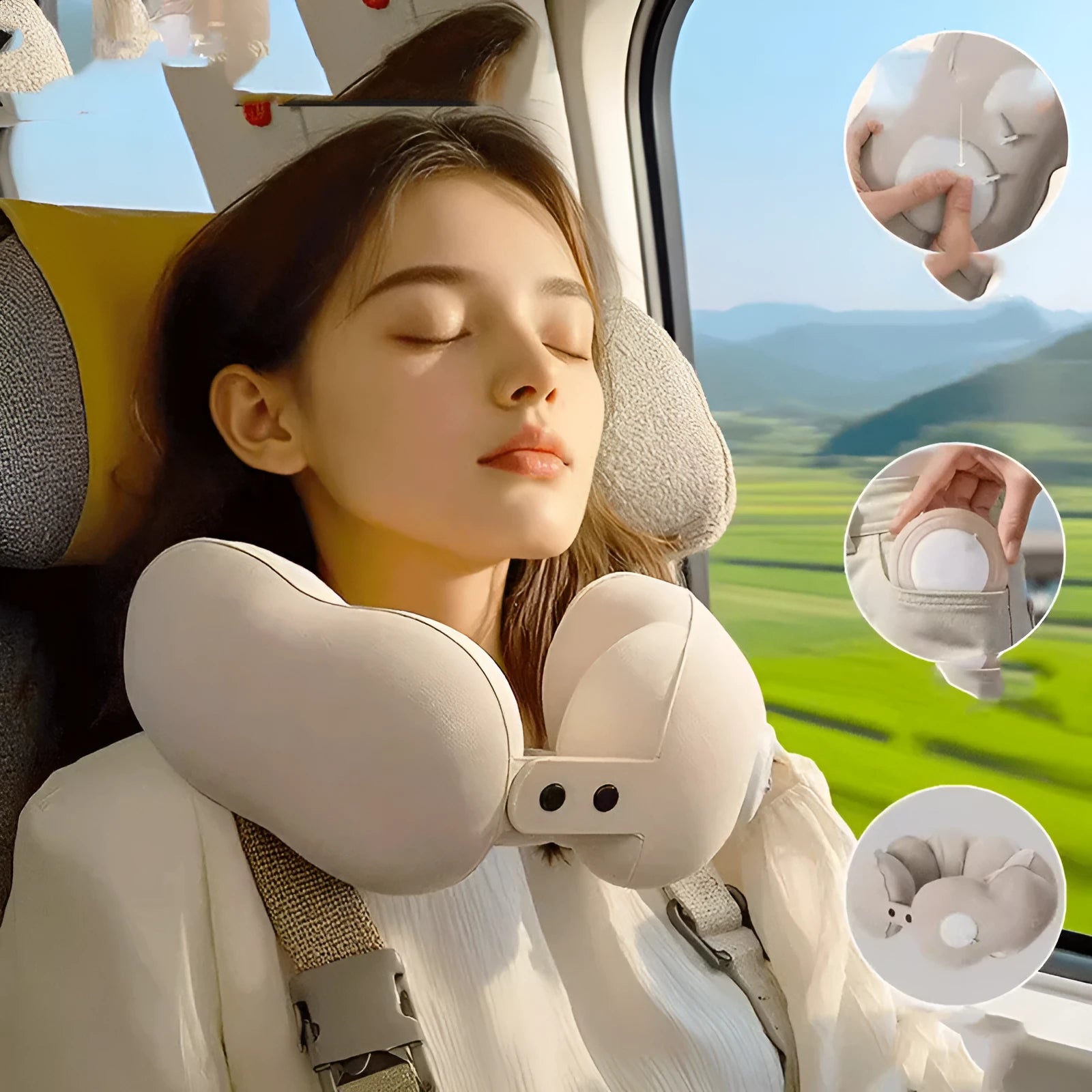 Portable inflatable cloud bubble U-shaped travel neck pillow deflated on a surface showing cartoon design