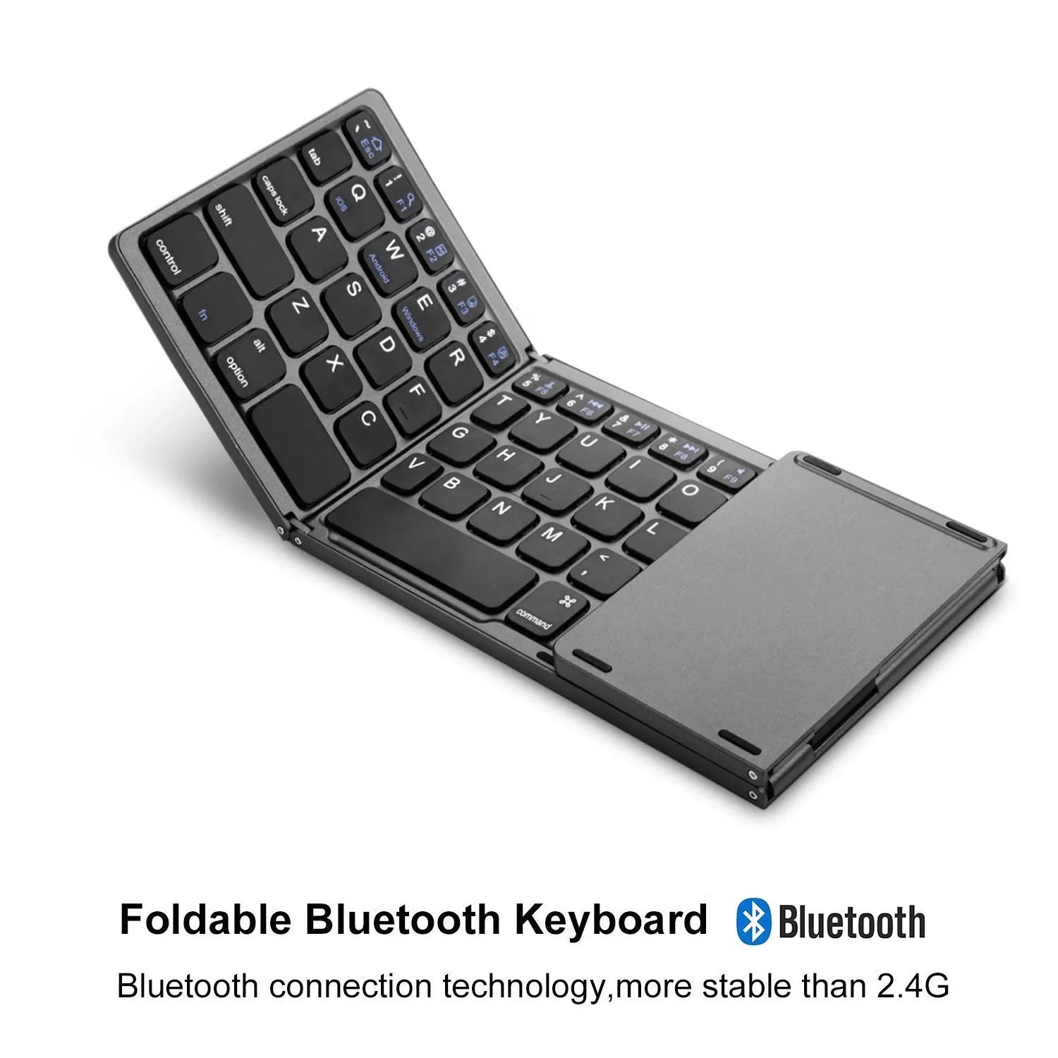 Mini tri-fold aluminium Bluetooth keyboard shown folded to 30.2cm length beside smartphone