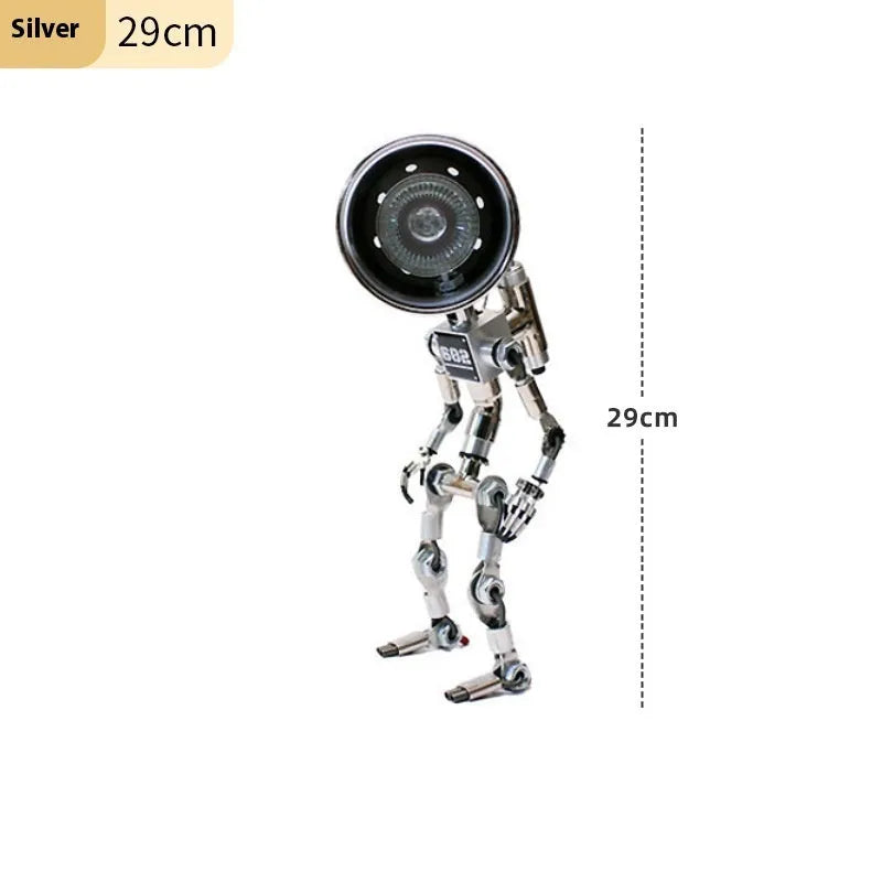 Silver and copper robot night lights showing 22cm and 29cm size options with customisable graphics