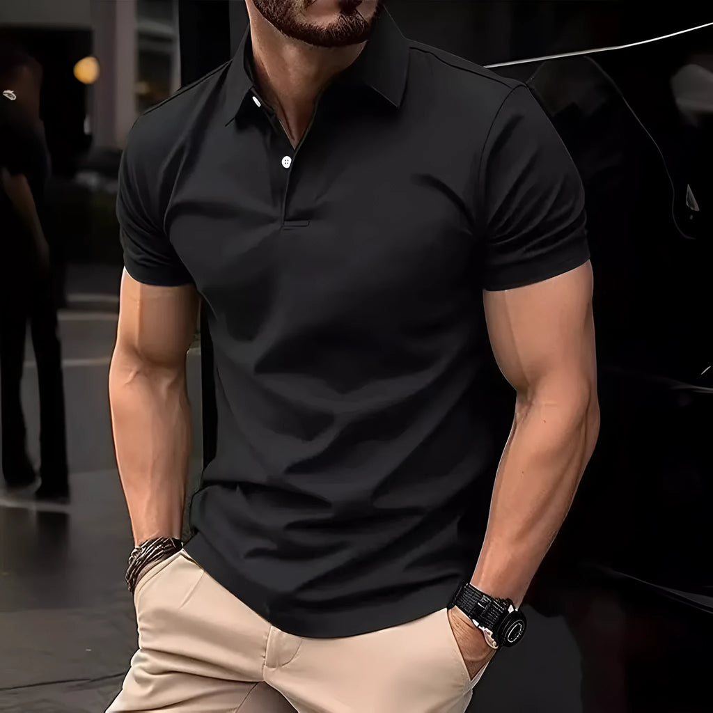 Men's slim fit short sleeve button-up shirt in cotton blend available in multiple colours