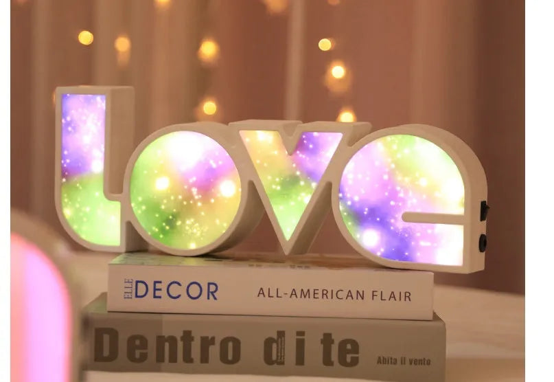 LED LOVE light with rainbow lampshade, plastic build, USB cable, 35.5x13.5cm, romantic bedroom decor