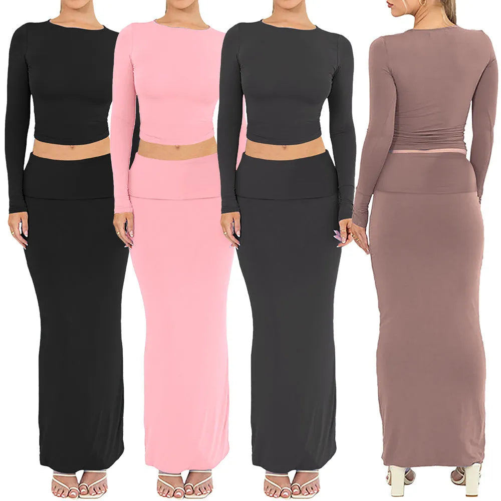 Women's autumn slim fit two-piece suit with long skirt and three-quarter sleeves
