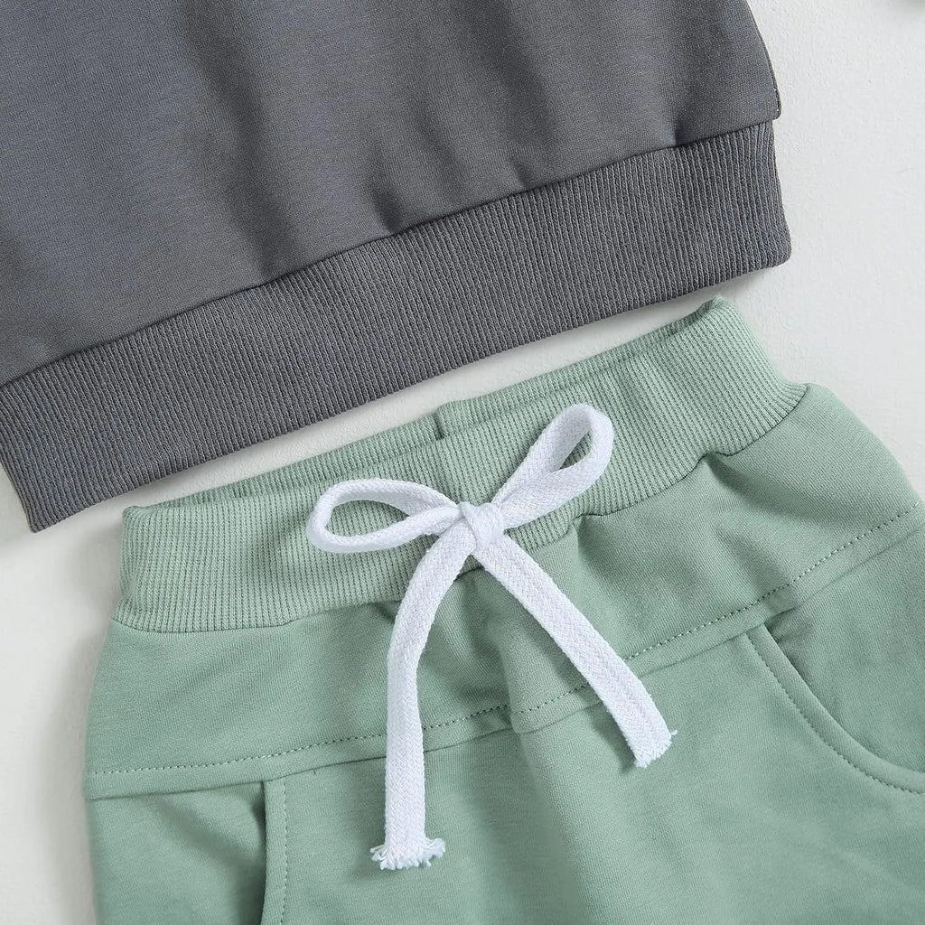 Children's hooded sweater set with patchwork pockets in green and black casual two-piece tracksuit for boys and girls