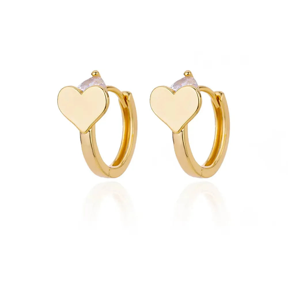 Pair of stainless steel heart-shaped stud earrings with zircon stone accents.