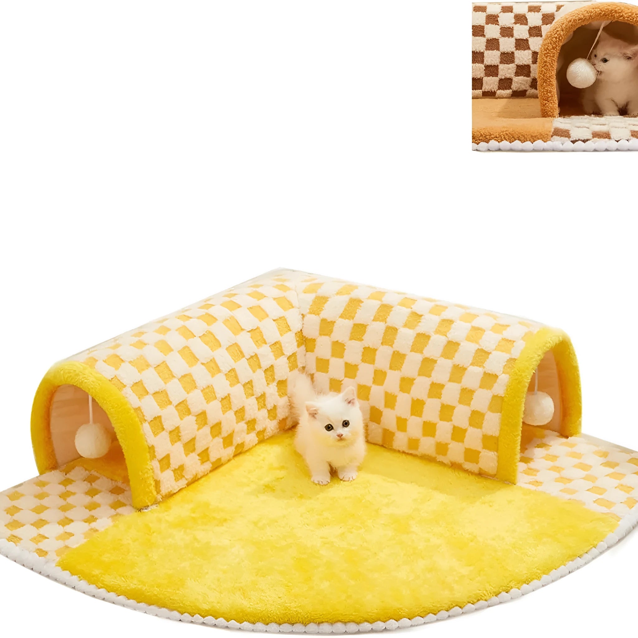 XL brown plaid plush cat tunnel bed with central mat and non-slip bottom on a wooden floor.