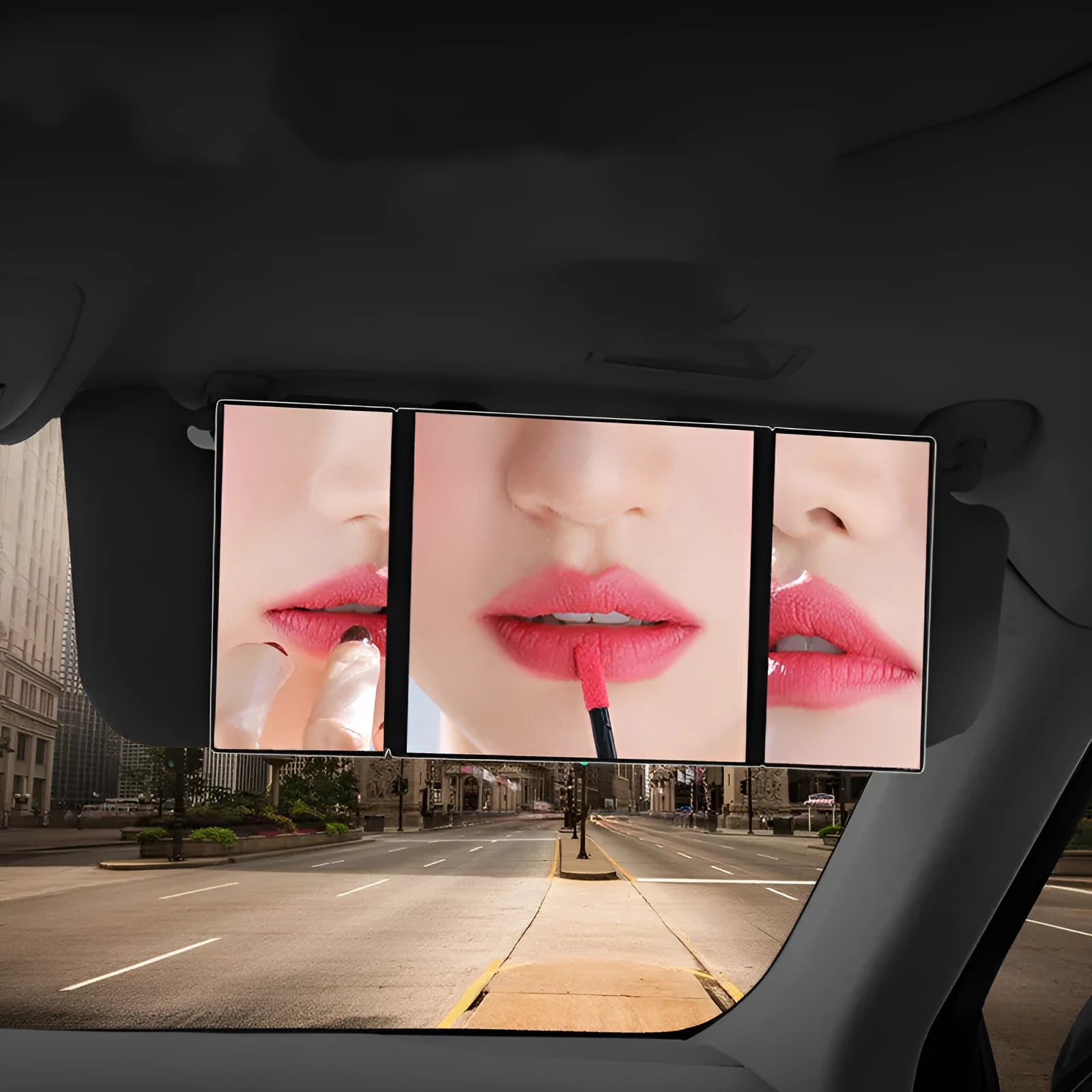 Silver car folding makeup mirror open showing 30.5cm width with ABS frame and glass surface
