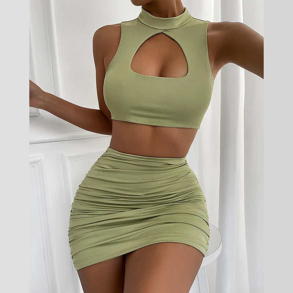 Light purple hollow vest and matching hip skirt two-piece summer set