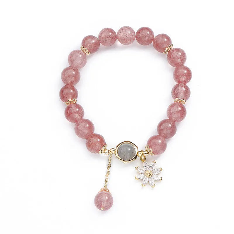 Natural strawberry quartz crystal bracelet with flower elements in Korean mori style