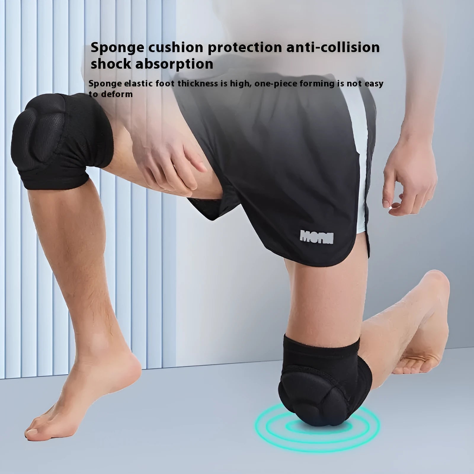 Black and blue thick sponge knee pads with breathable polyester construction for volleyball and outdoor sports