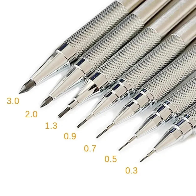 Metal automatic mechanical pencil with a choice of lead sizes including 0.5mm and 0.7mm, shown with a 2B refill.