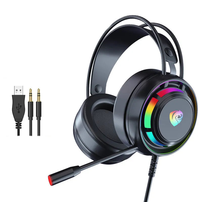 Black wired computer gaming headphones with microphone showing over-ear design and coiled cable