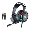 Black wired computer gaming headphones with microphone showing over-ear design and coiled cable