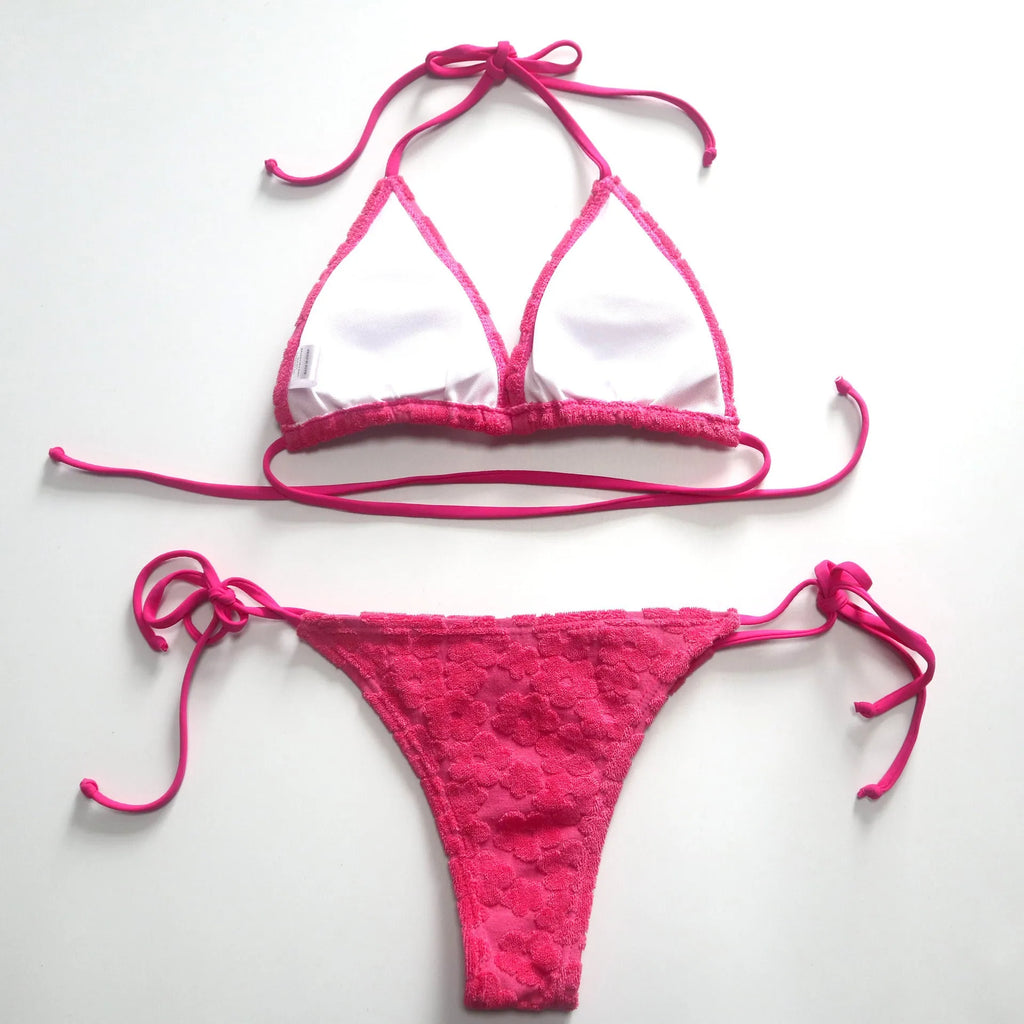 Women's bikini set with triangle lace-up top and skirt bottom, rose red colour, polyester fabric