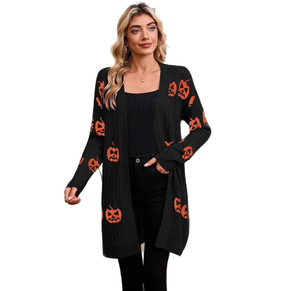 Women's black Halloween cardigan with orange pumpkin head jacquard knitted pattern, medium length straight cut design