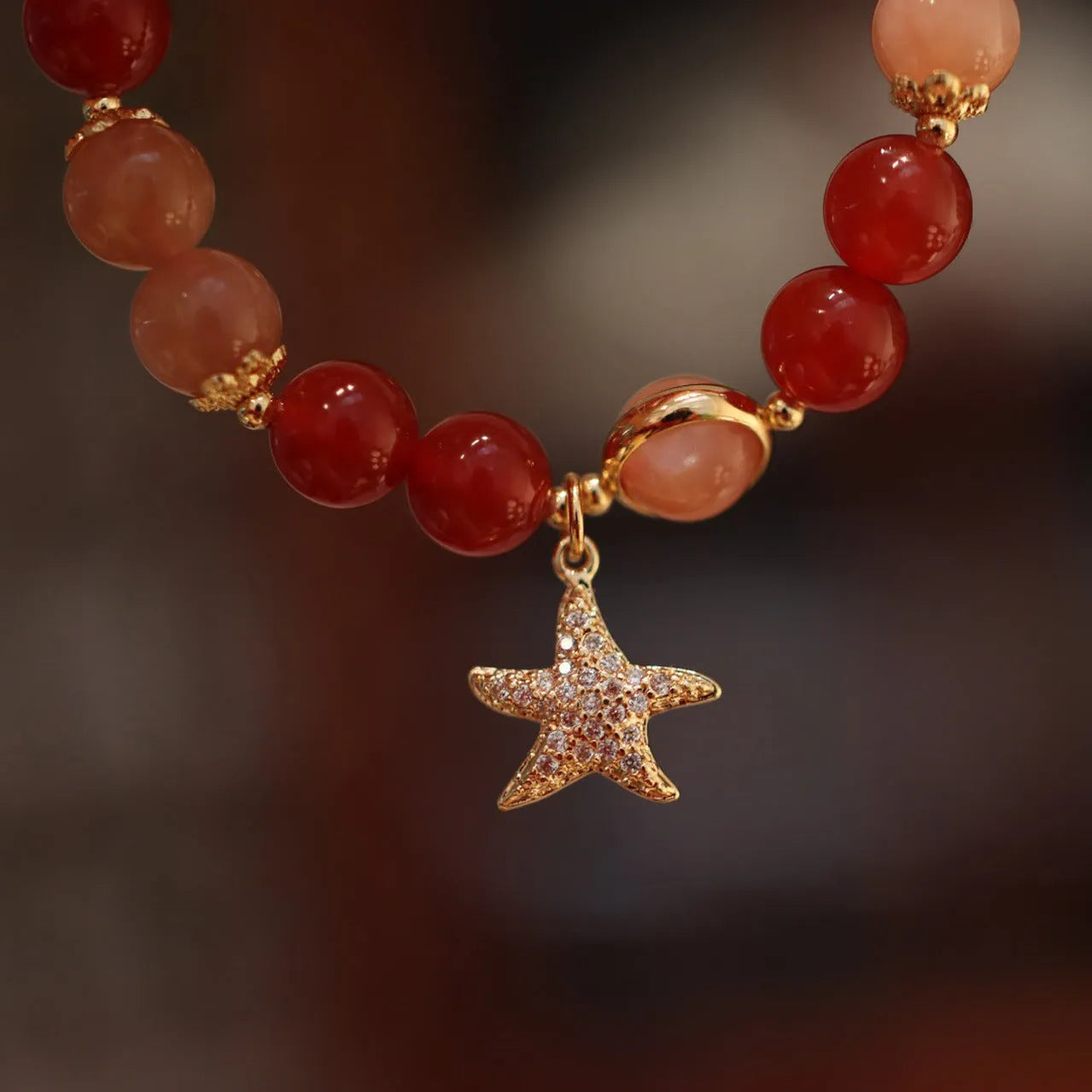 Handmade 8mm red agate star-shaped bracelet for women, ethnic style with Xiangyun design, sands orange finish