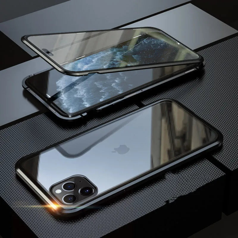 Glass anti-spy clamshell phone case in six colours for various iPhone models.