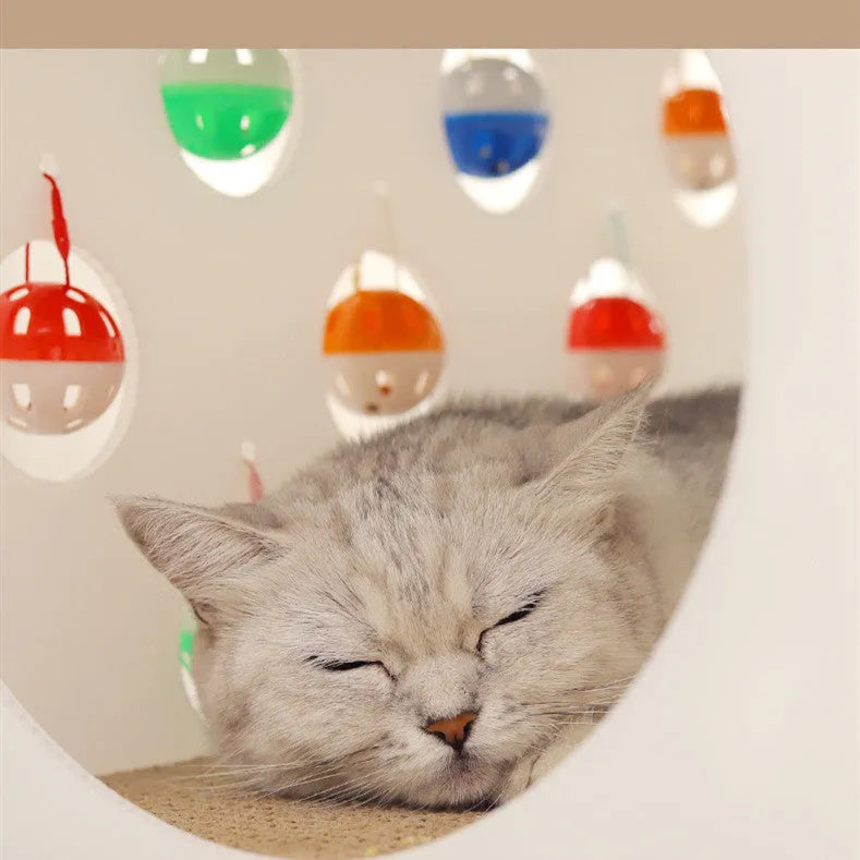 Integrated plastic cat scratch board with sleeping nest, tunnel, and included bell ball toy