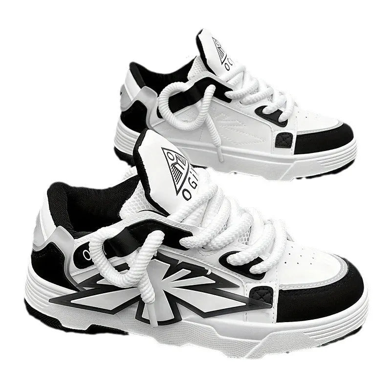 Men's white chunky platform sneakers with thick rubber sole and cartoon pattern on synthetic leather upper.