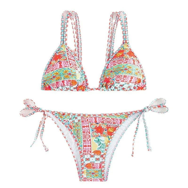 Women's lace-up split swimsuit with backless design in polyester spandex fabric for swimming