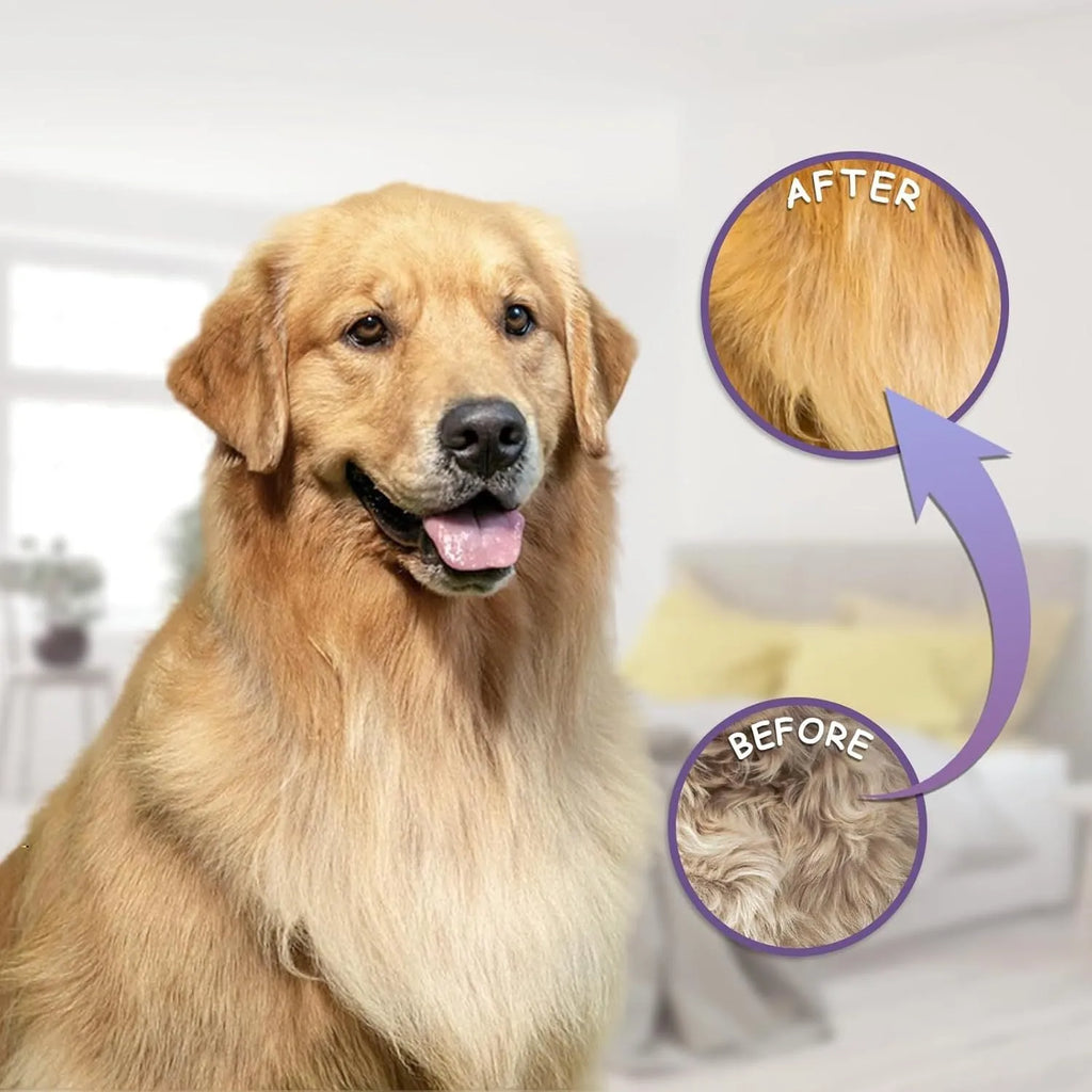 Purple pet grooming comb with stainless steel teeth for detangling cat and dog fur